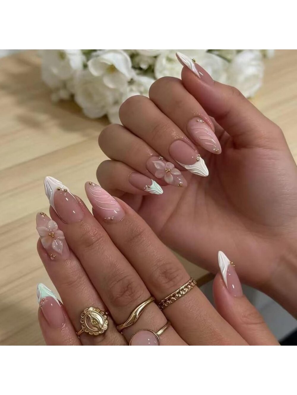 Spring Almond Press On Nails - 10Pcs Reusable 3D Floral & French Design Kit